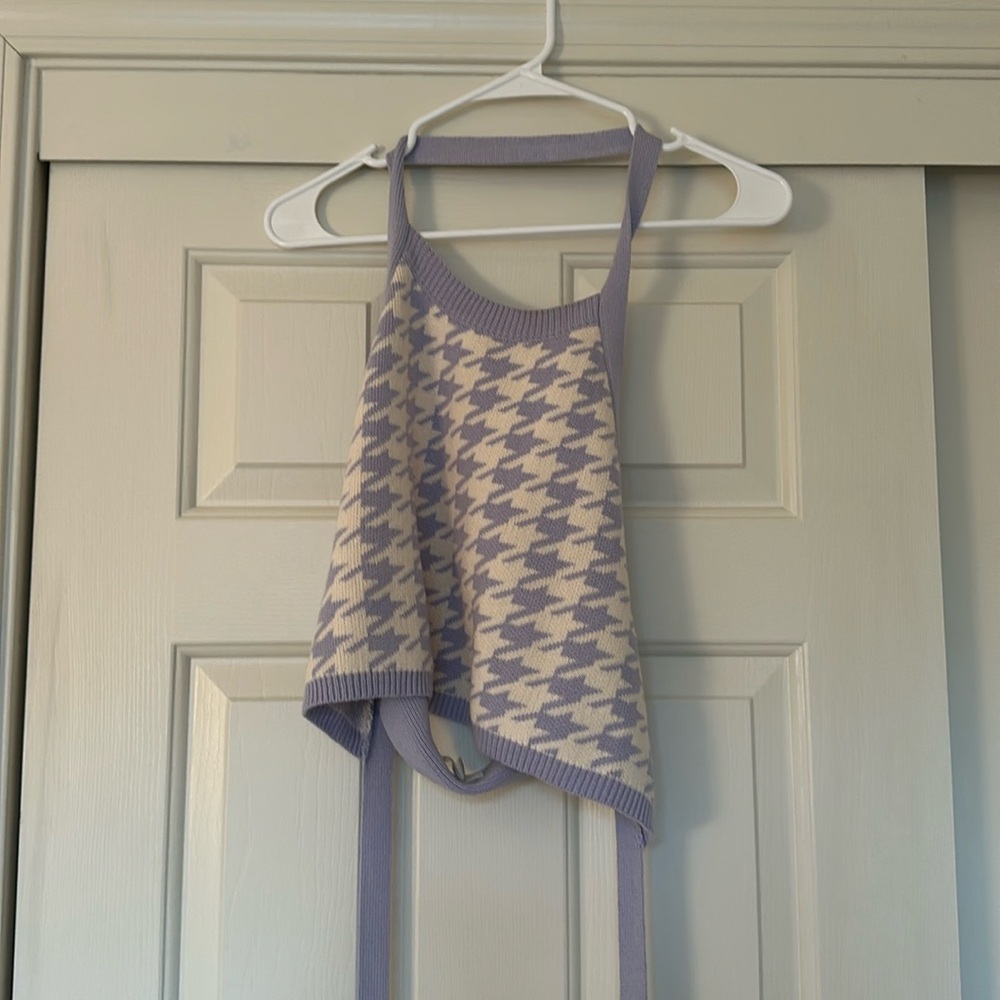 Purple and white halter top with open back